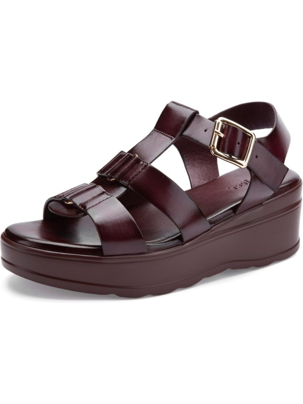 Women Burgundy Adjustable Comfort Flat Chunky Soled Round Toe Wedge Sandal Shoes
